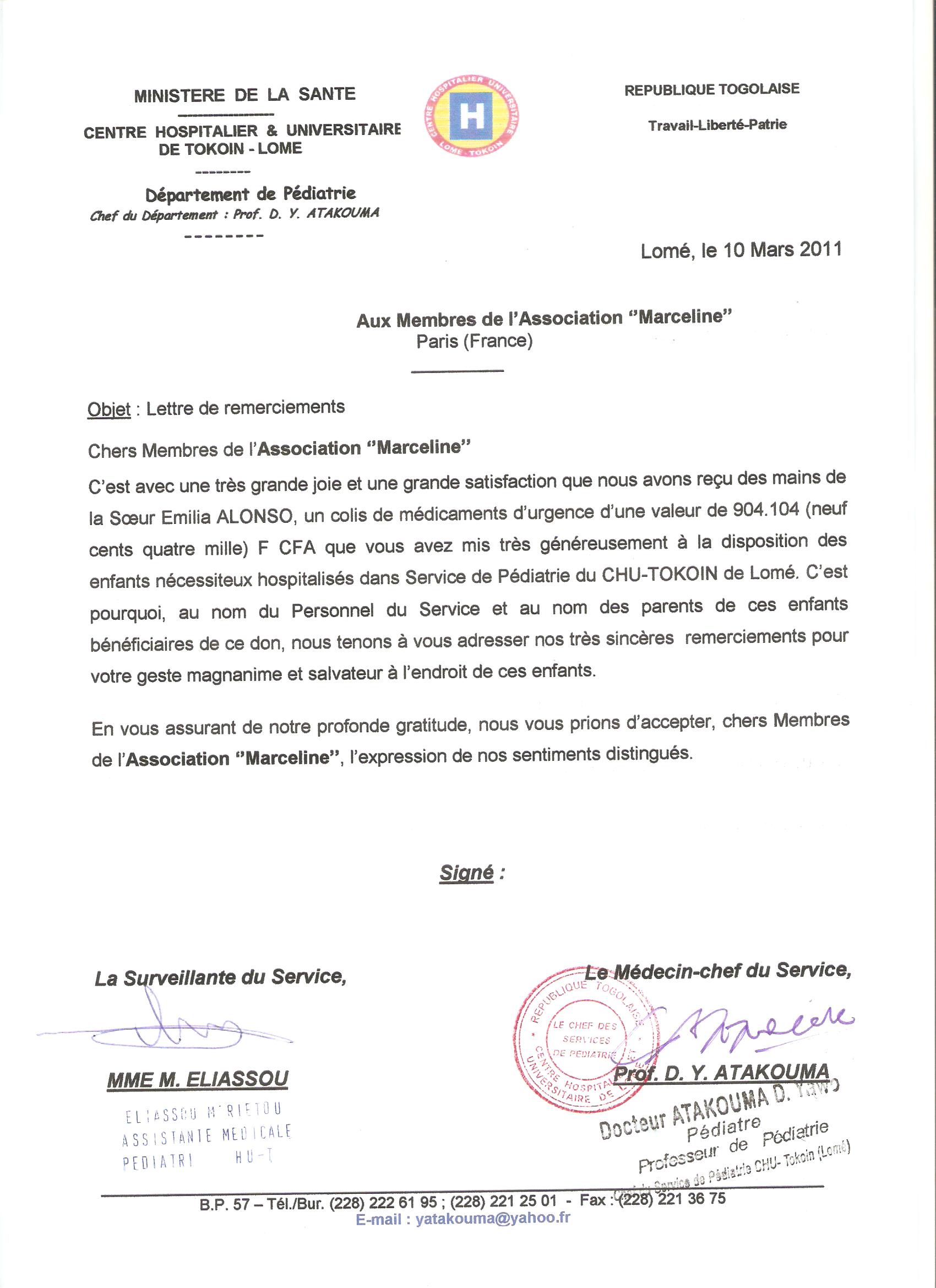 lettre de remerciement pour un don